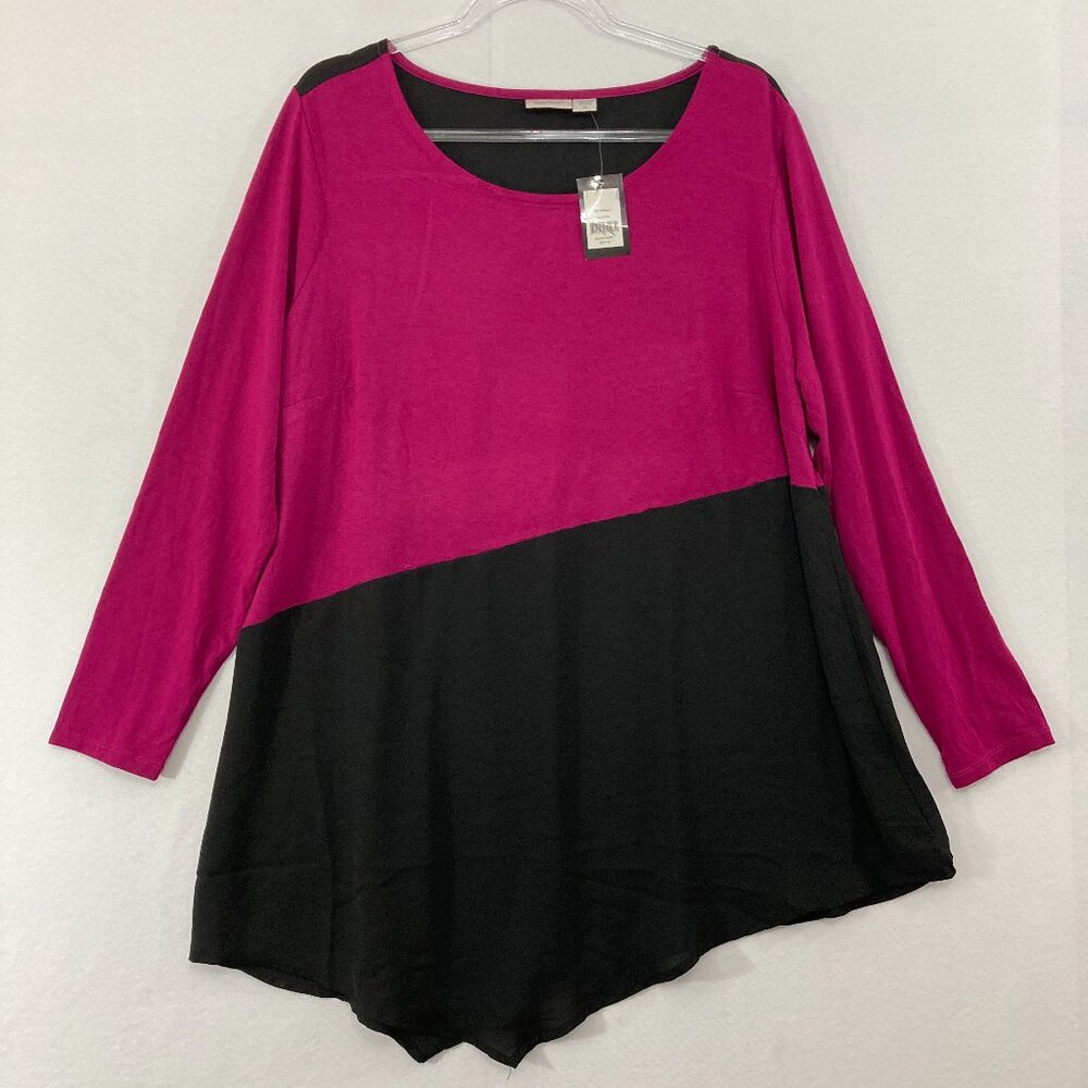 New Avenue Top size 18 Pink Black Color-Block Stretch Knit Asymmetric Hem‎